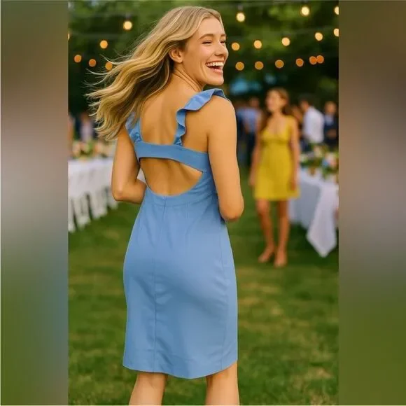 Susana Monaco Vista Blue Stretch Bodycon Ruffle Strap Open Cutout Back Dress M - Picture 4 of 10